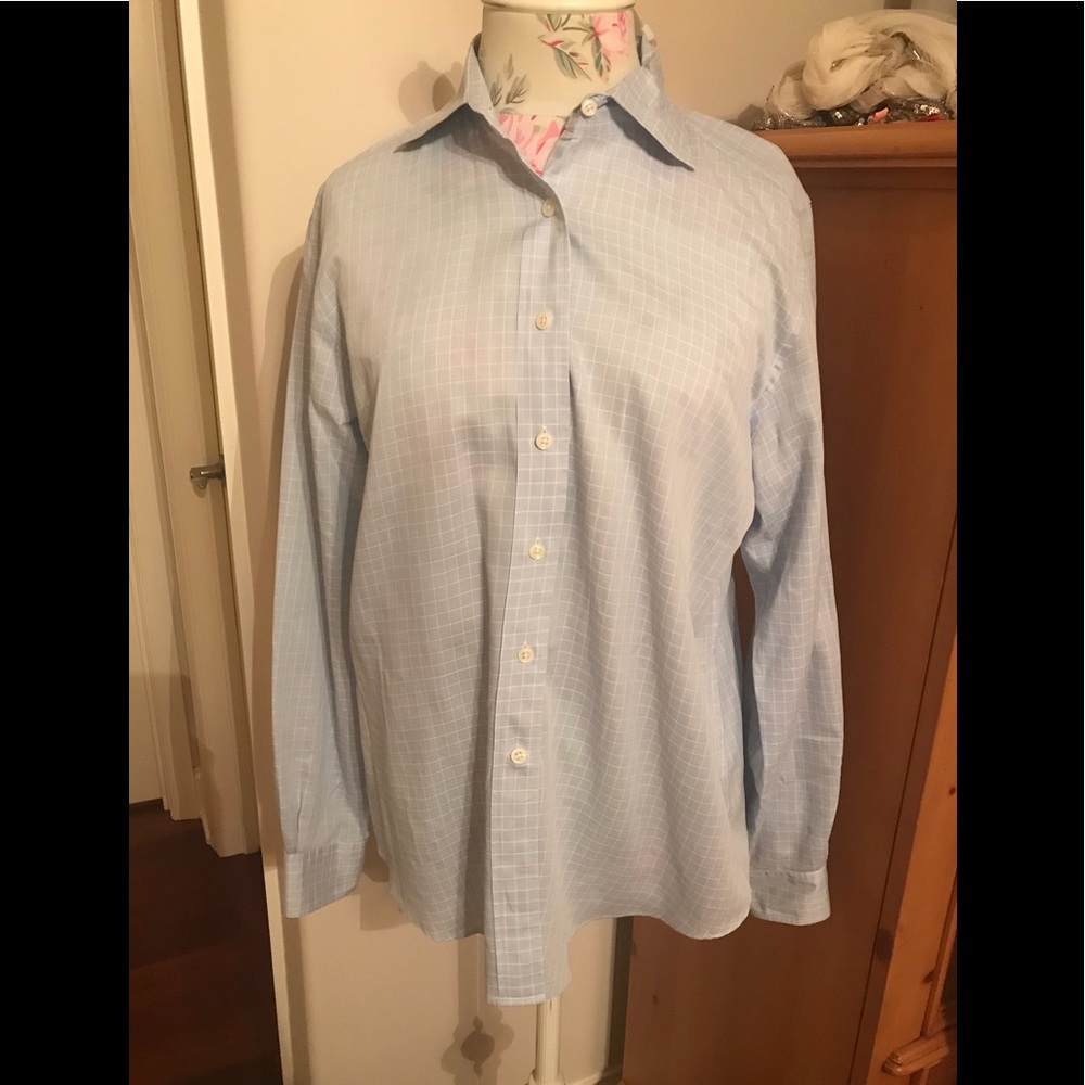 Linen blue and white check dress shirt